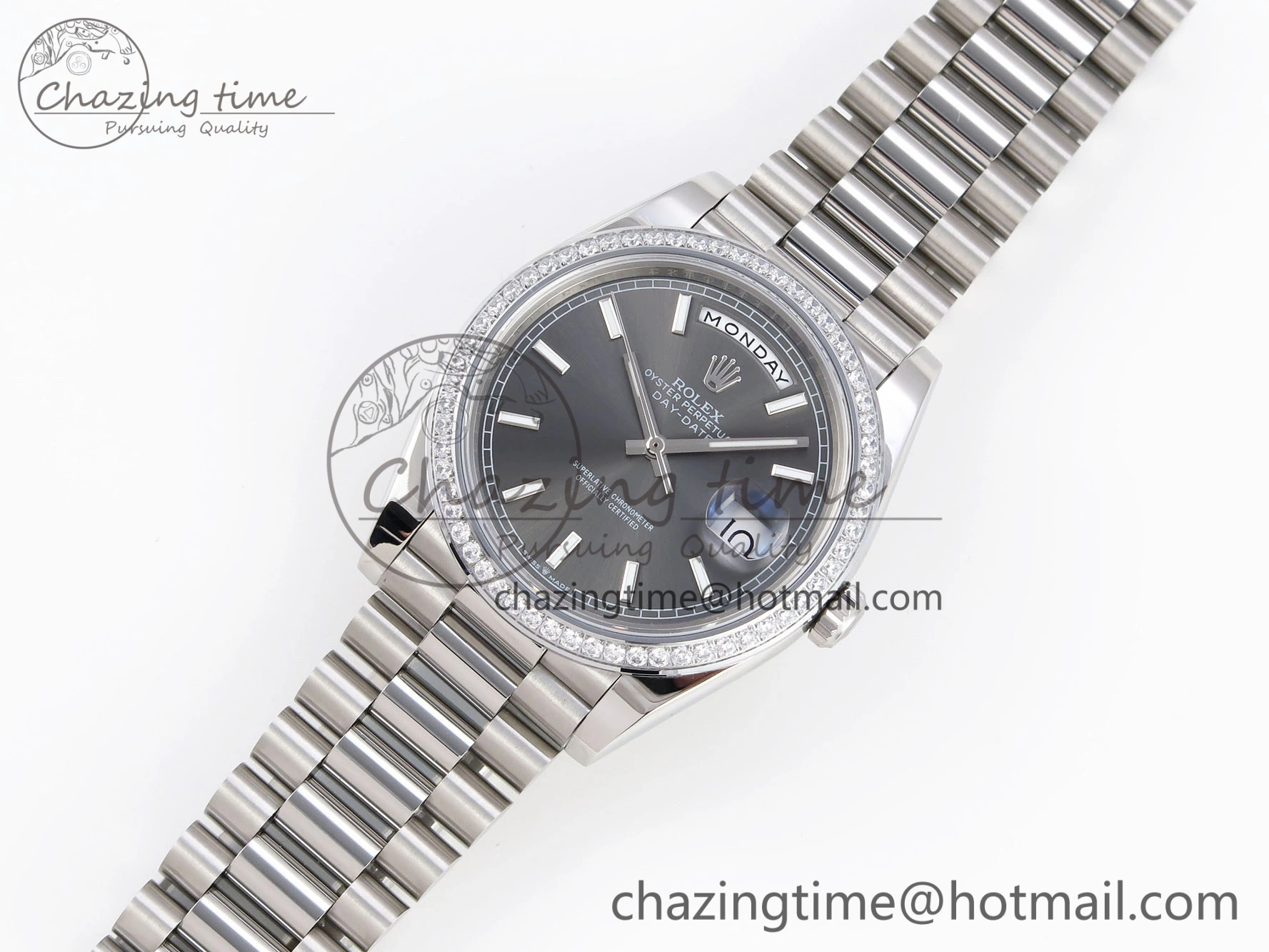 DayDate 40 SS GSF Gain Weight Gray Roman Dial Diamonds Bezel on President Bracelet A MultiPurpose 1926