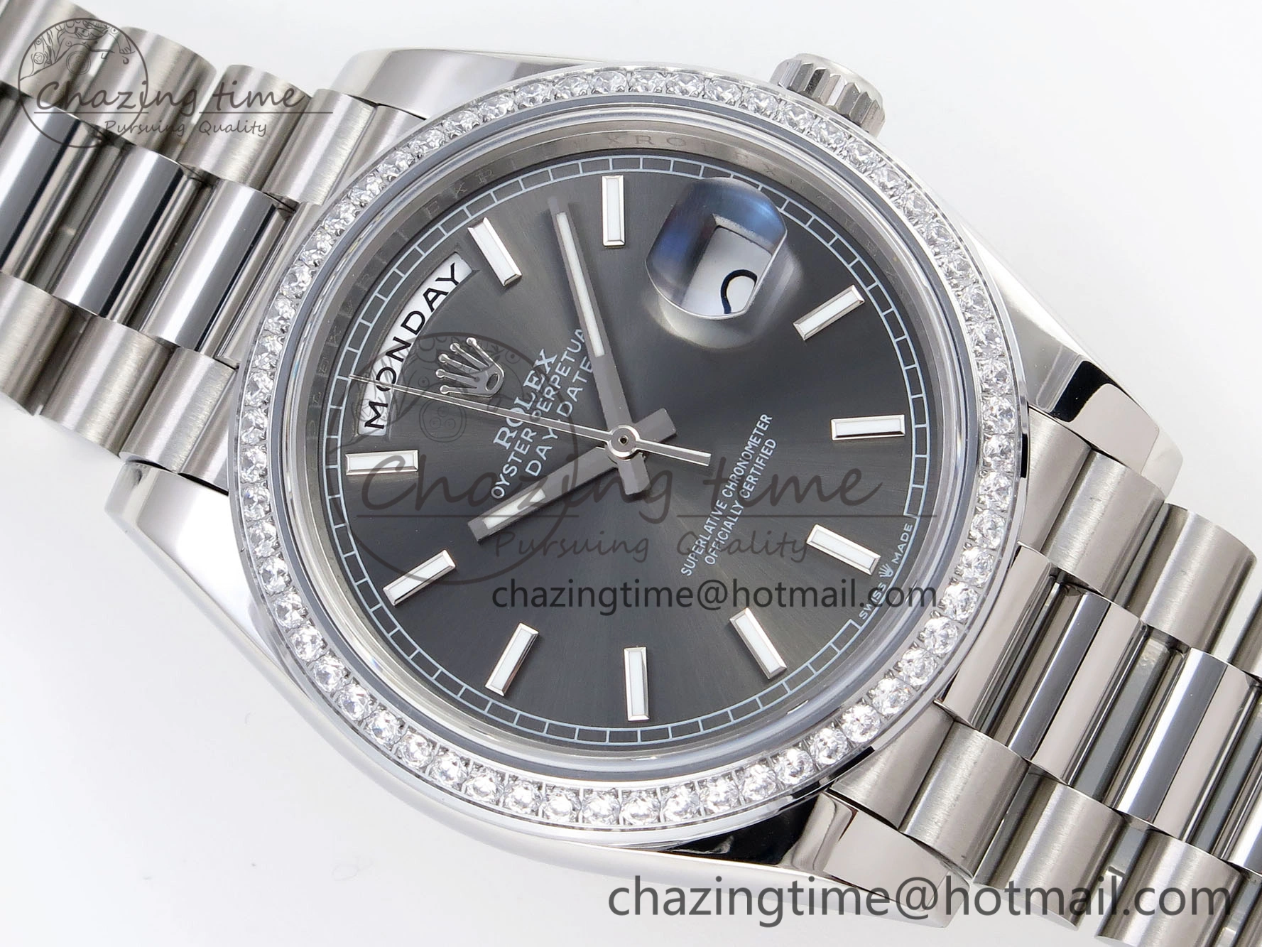 DayDate 40 SS GSF Gain Weight Gray Roman Dial Diamonds Bezel on President Bracelet A MultiPurpose 1926