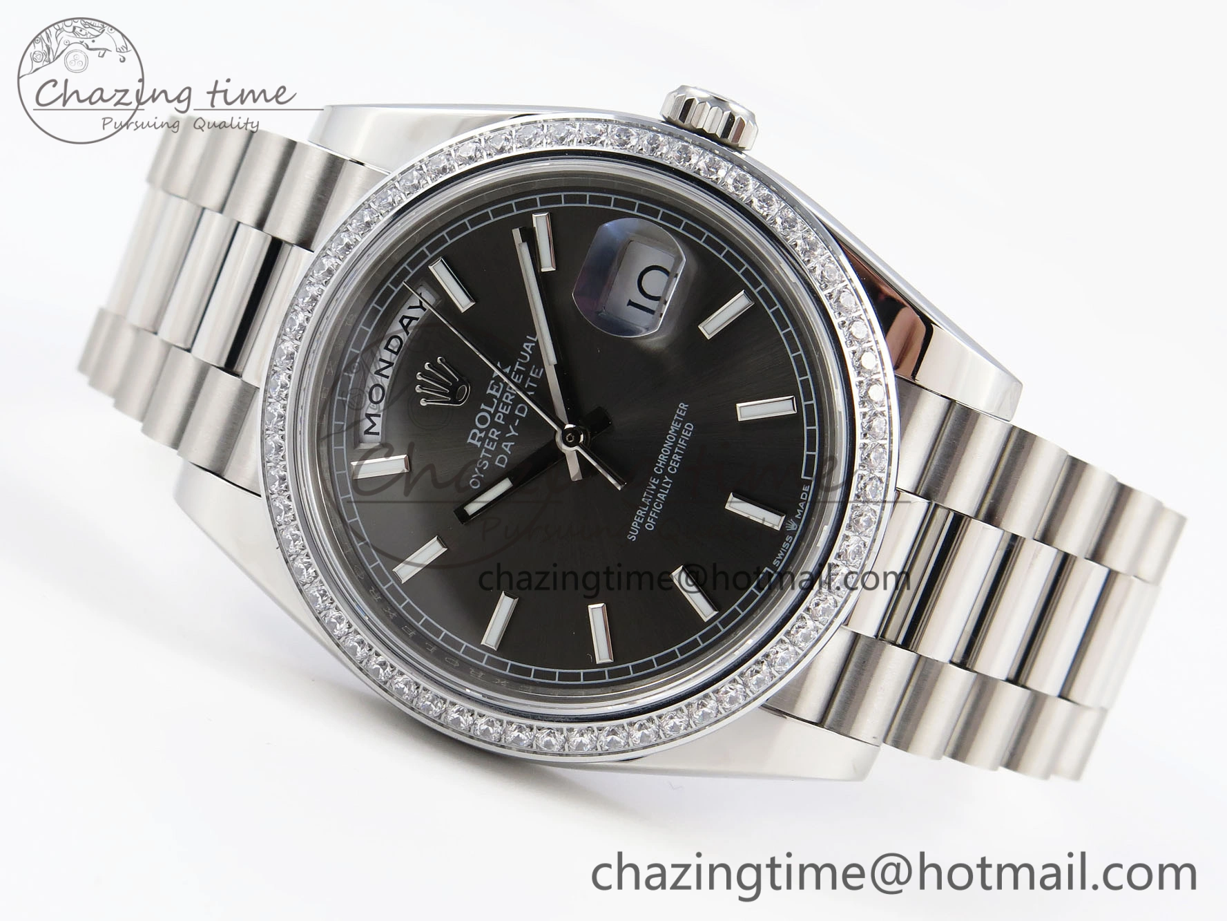 DayDate 40 SS GSF Gain Weight Gray Roman Dial Diamonds Bezel on President Bracelet A MultiPurpose 1926