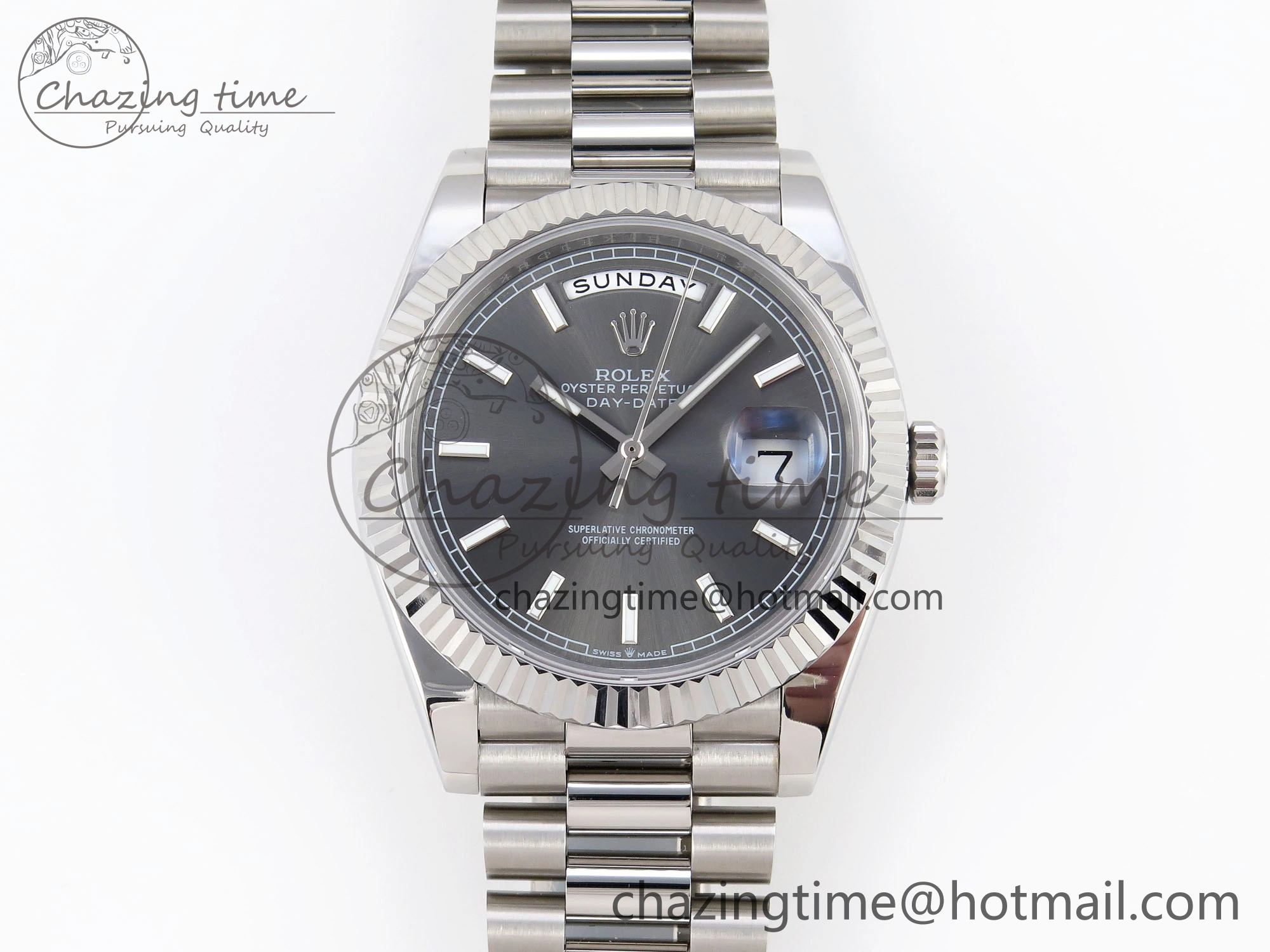 HighQuality DayDate 40 SS GSF Gain Weight Gray Stick Dial on President Bracelet A 1927