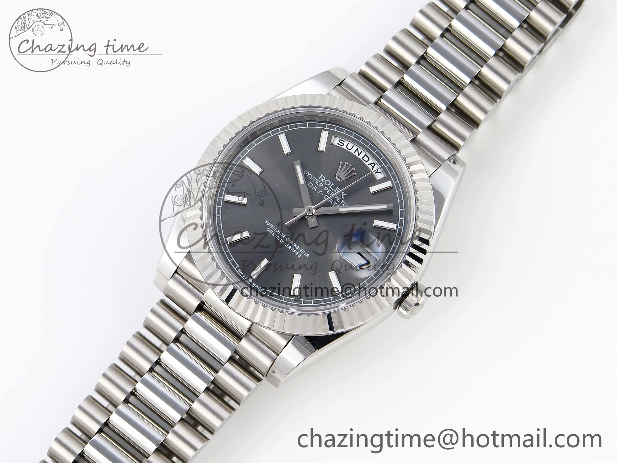 HighQuality DayDate 40 SS GSF Gain Weight Gray Stick Dial on President Bracelet A 1927