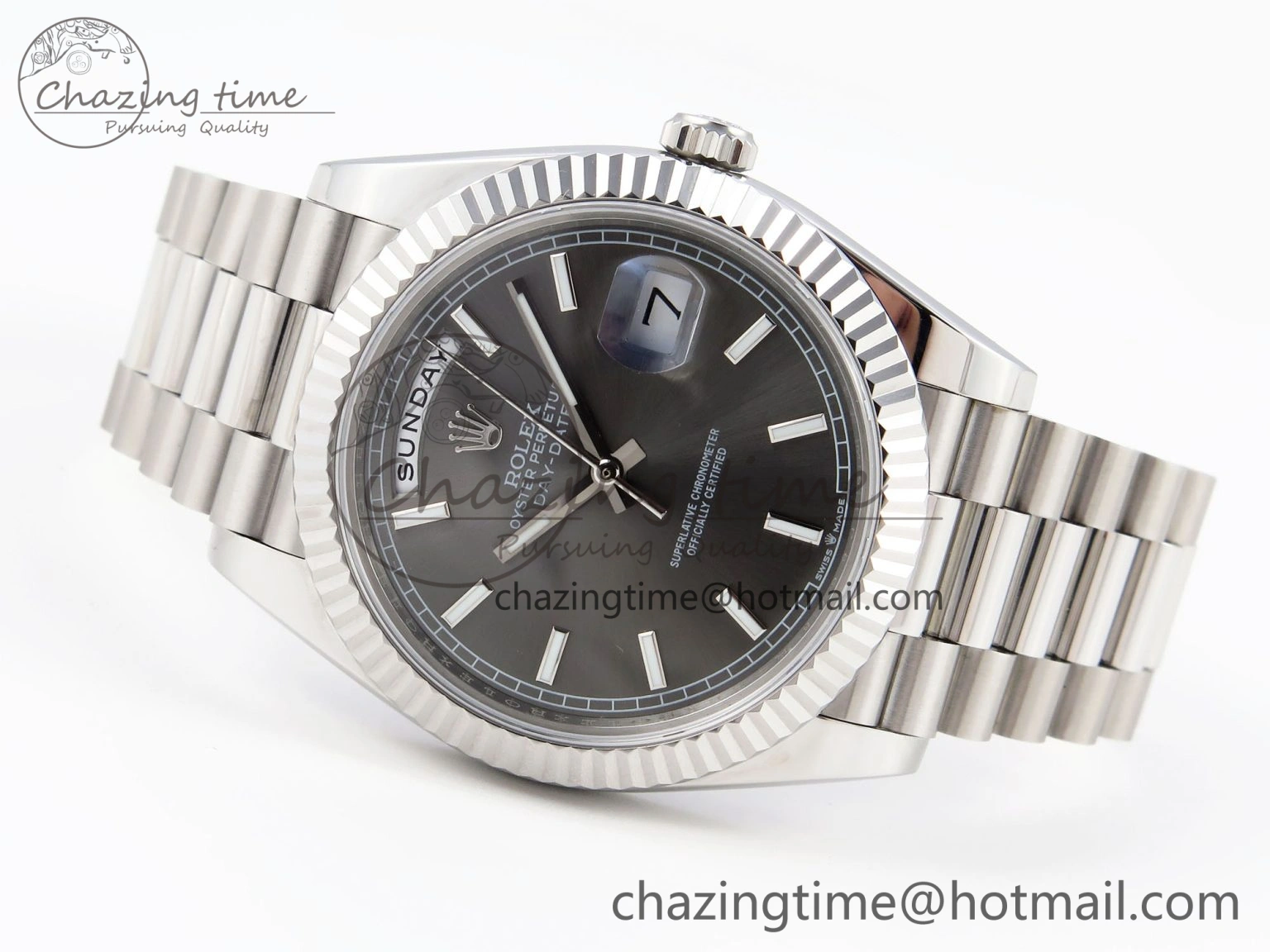 HighQuality DayDate 40 SS GSF Gain Weight Gray Stick Dial on President Bracelet A 1927