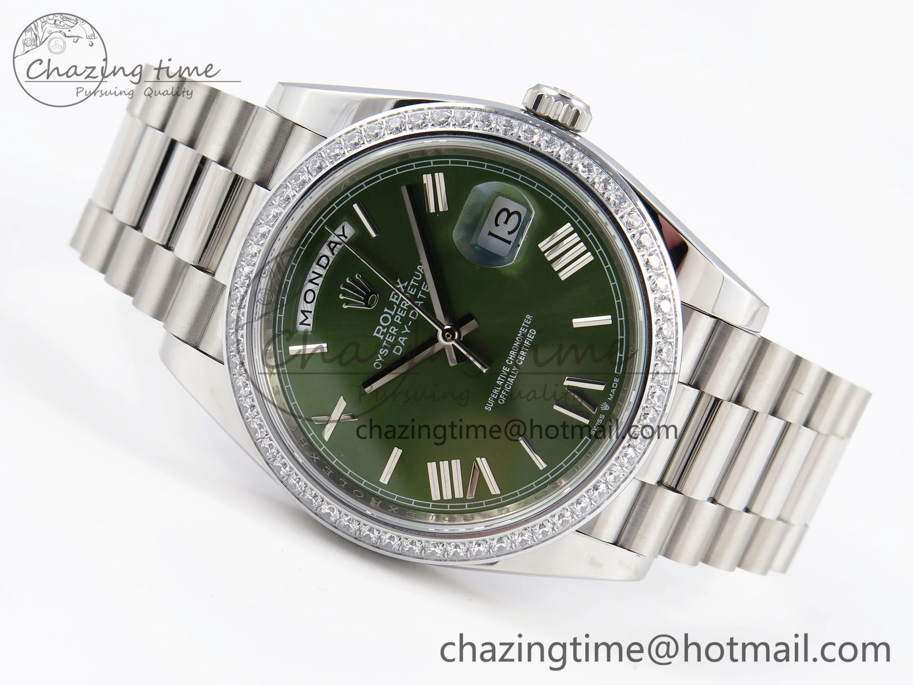 Unisex DayDate 40 SS GSF Gain Weight Green Roman Dial Diamonds Bezel on President Bracelet A 1922