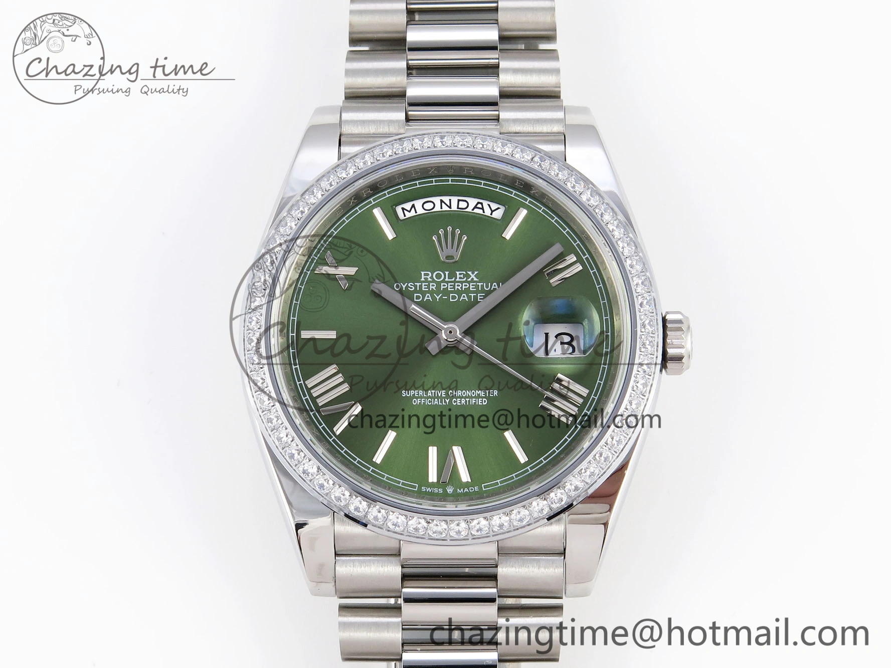 Unisex DayDate 40 SS GSF Gain Weight Green Roman Dial Diamonds Bezel on President Bracelet A 1922