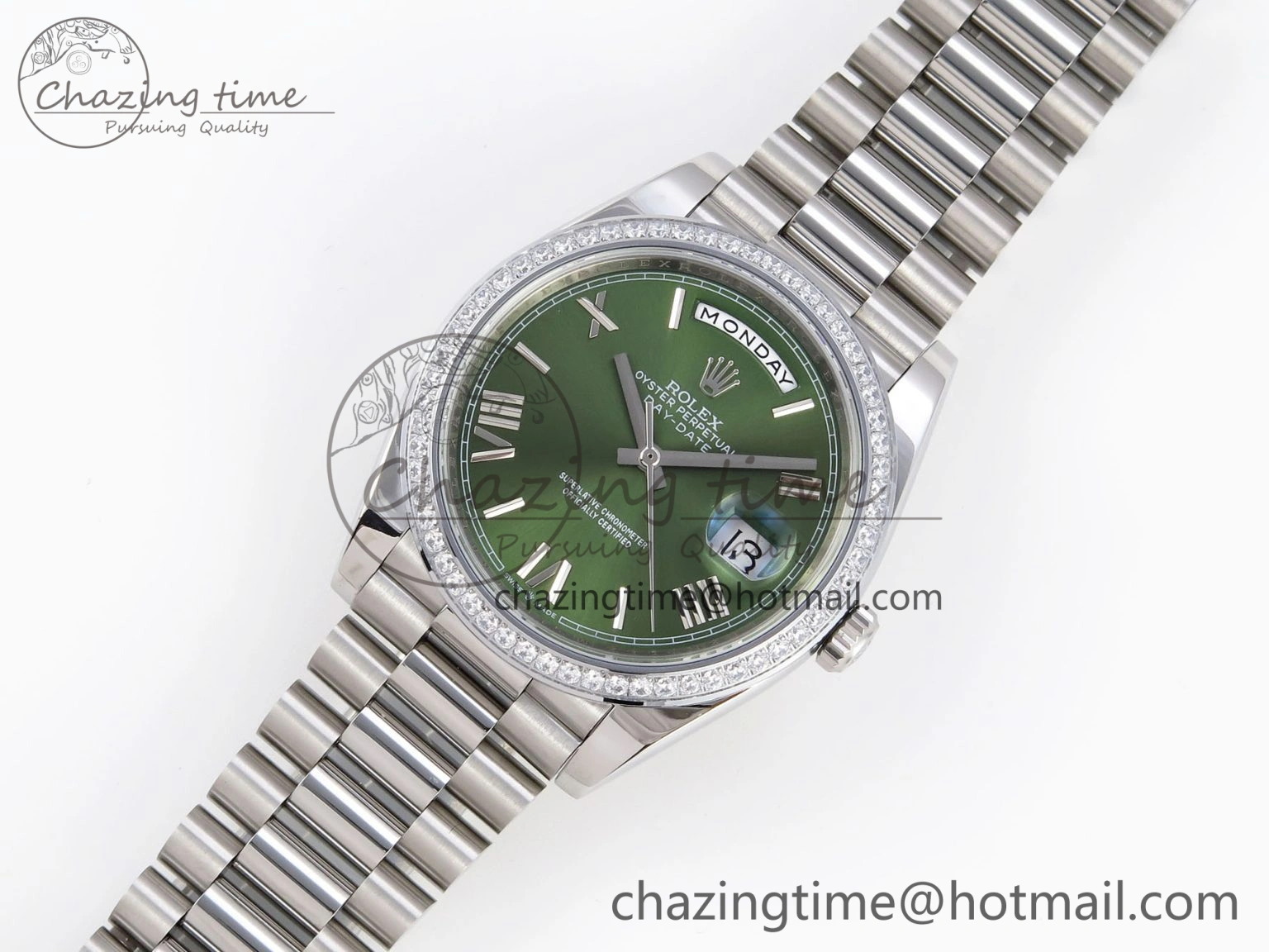 Unisex DayDate 40 SS GSF Gain Weight Green Roman Dial Diamonds Bezel on President Bracelet A 1922