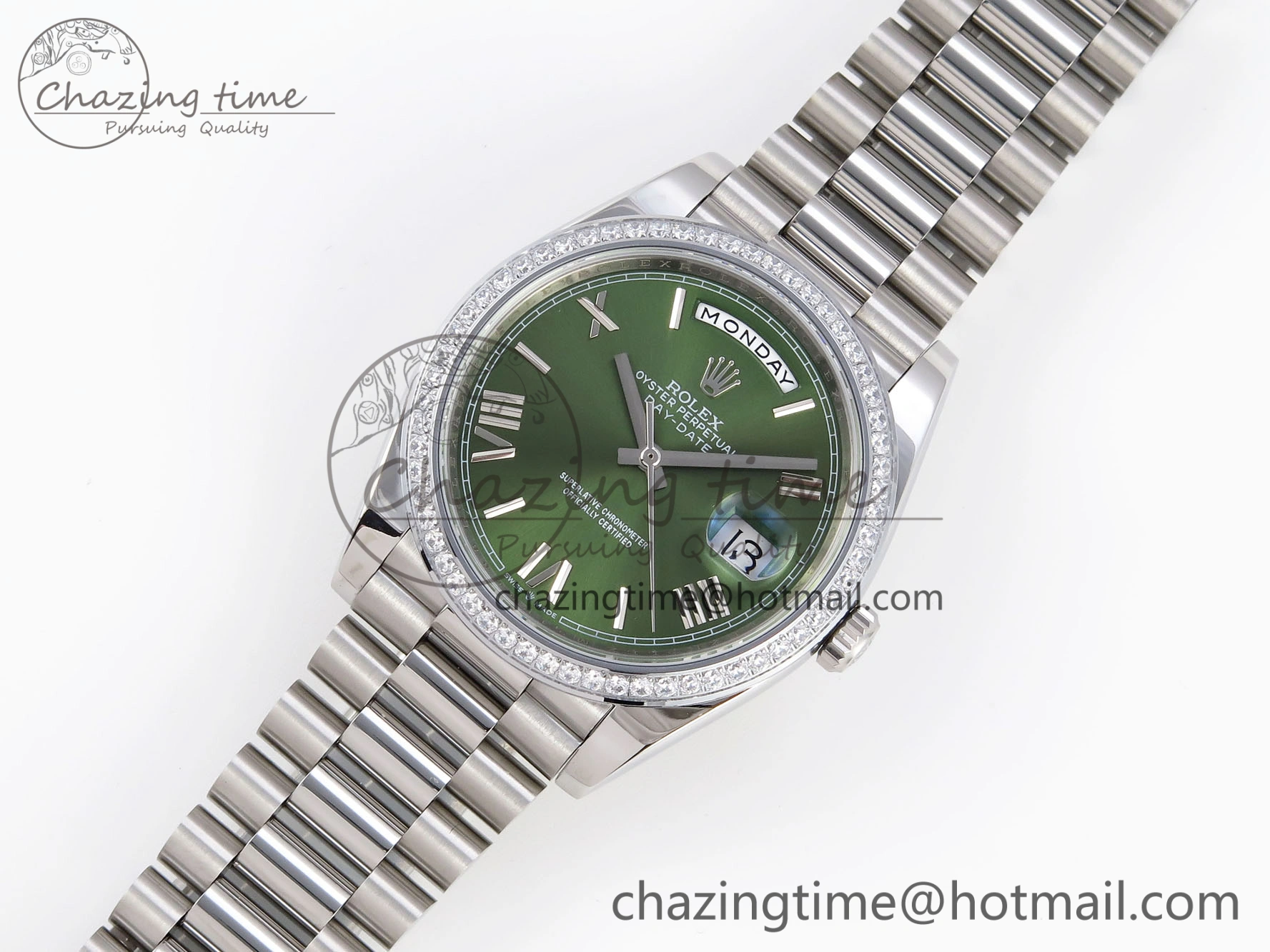 Unisex DayDate 40 SS GSF Gain Weight Green Roman Dial Diamonds Bezel on President Bracelet A 1922