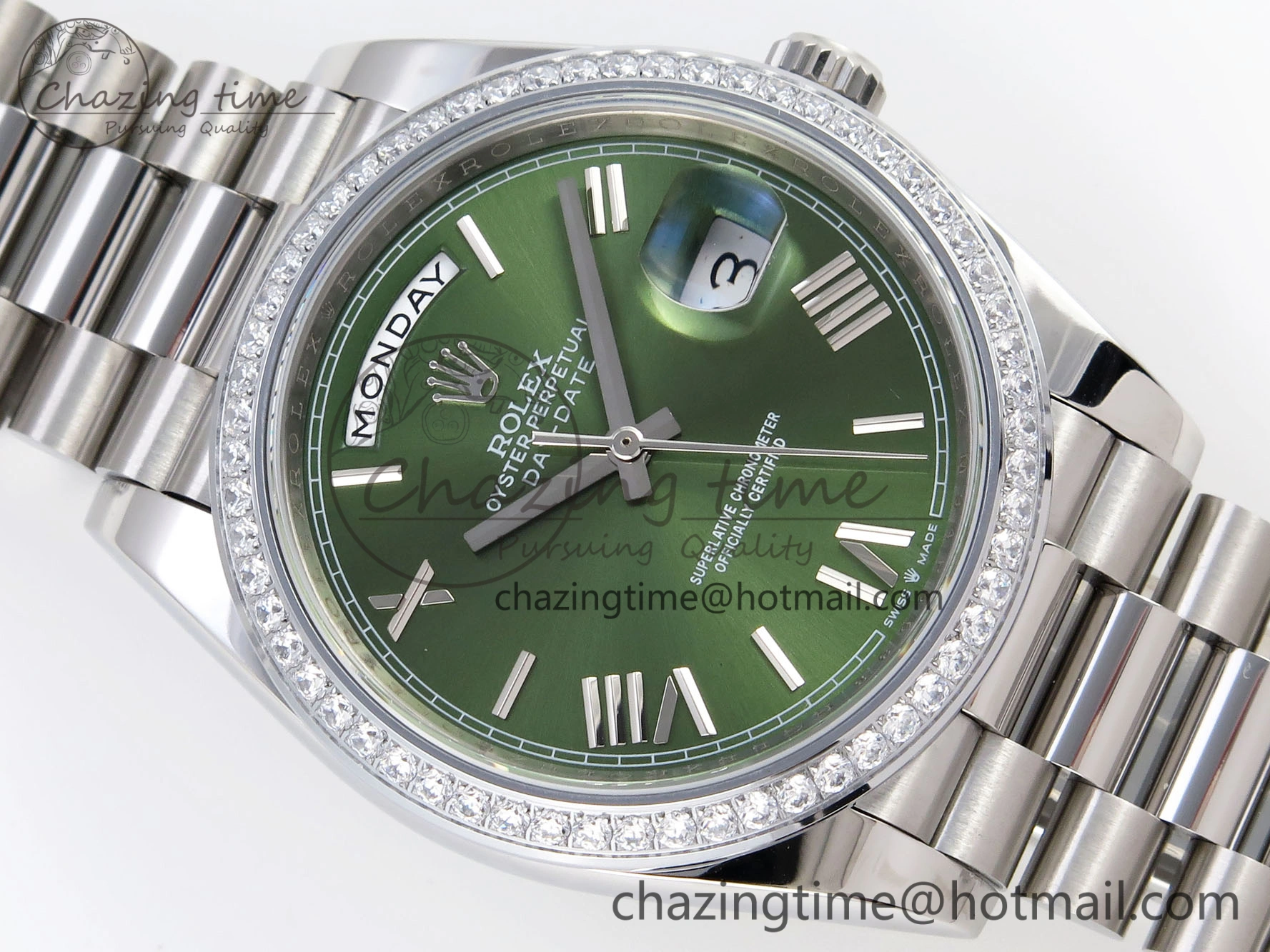 Unisex DayDate 40 SS GSF Gain Weight Green Roman Dial Diamonds Bezel on President Bracelet A 1922