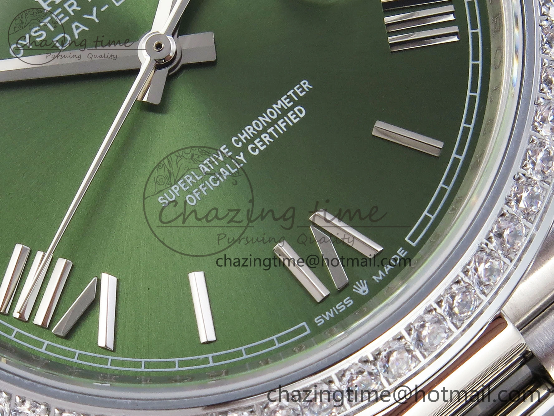 Unisex DayDate 40 SS GSF Gain Weight Green Roman Dial Diamonds Bezel on President Bracelet A 1922