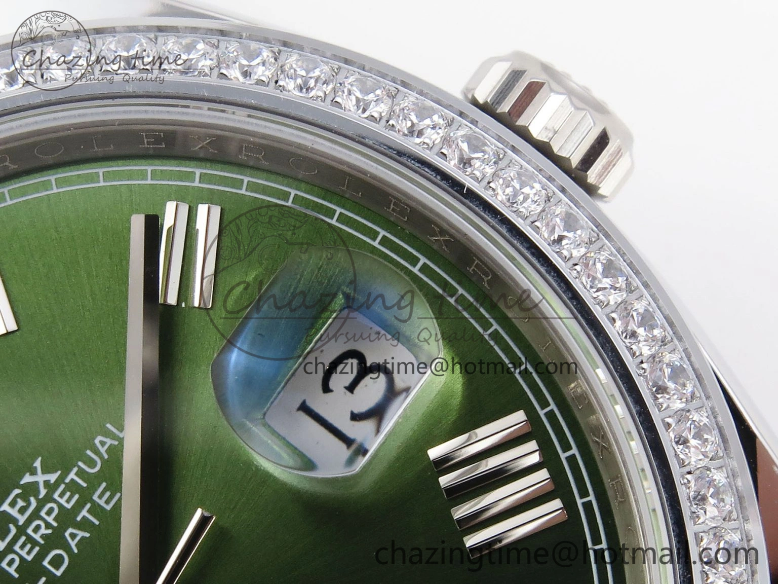 Unisex DayDate 40 SS GSF Gain Weight Green Roman Dial Diamonds Bezel on President Bracelet A 1922