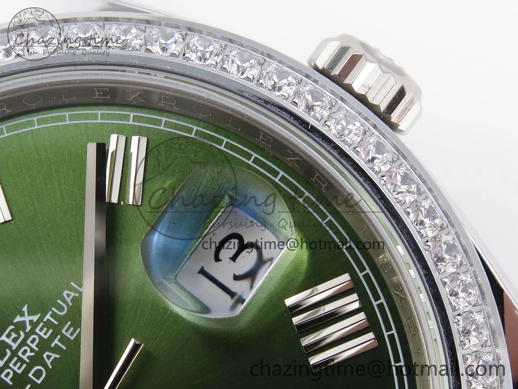 Unisex DayDate 40 SS GSF Gain Weight Green Roman Dial Diamonds Bezel on President Bracelet A 1922