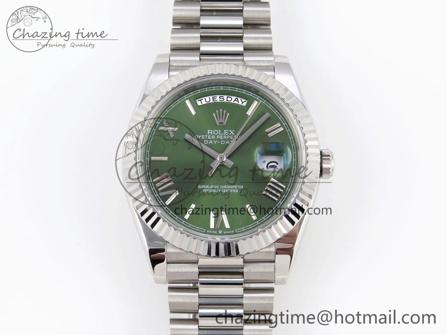 WellDesigned DayDate 40 SS GSF Gain Weight Green Roman Dial on President Bracelet A 1925