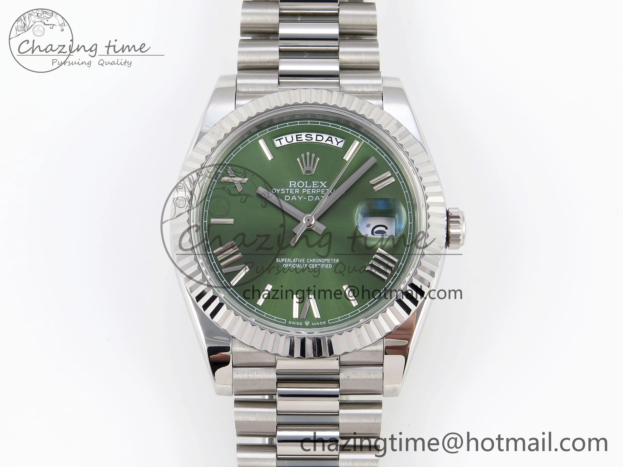 WellDesigned DayDate 40 SS GSF Gain Weight Green Roman Dial on President Bracelet A 1925