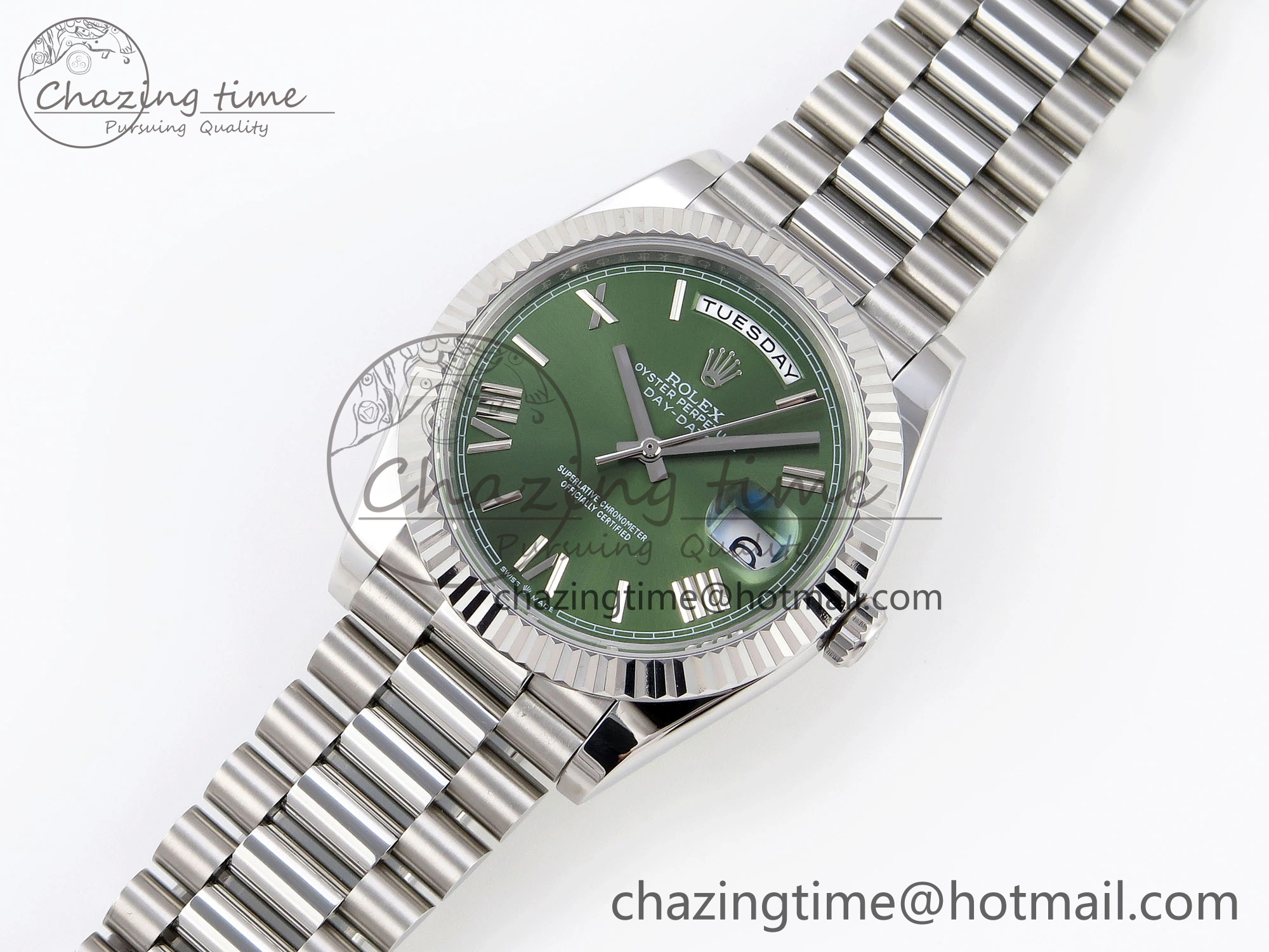 WellDesigned DayDate 40 SS GSF Gain Weight Green Roman Dial on President Bracelet A 1925