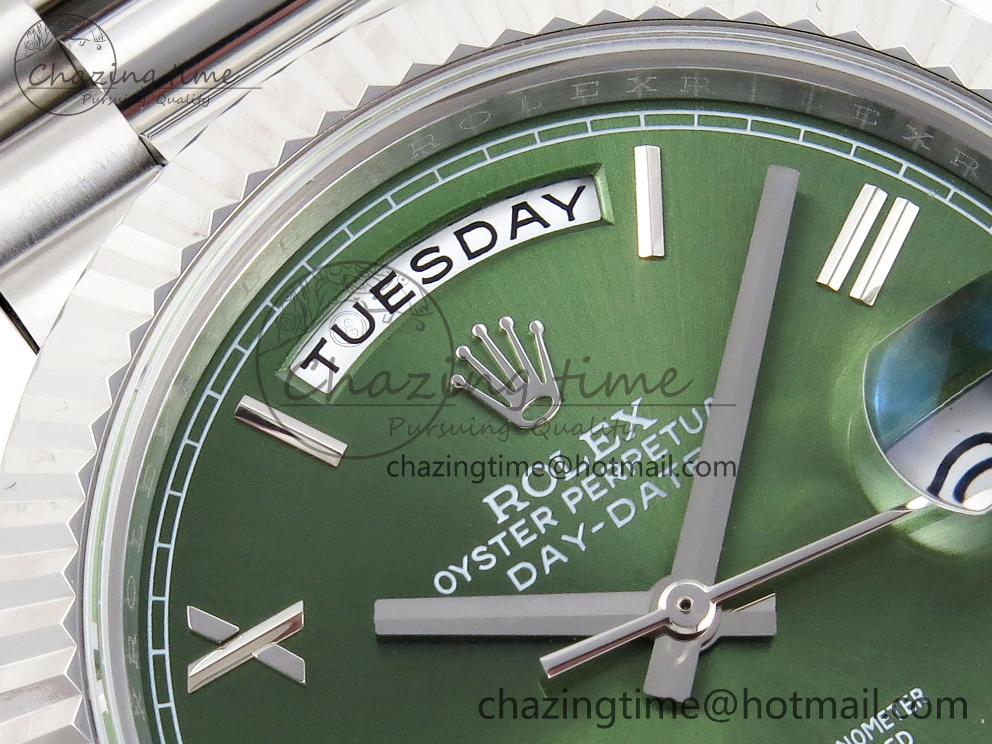WellDesigned DayDate 40 SS GSF Gain Weight Green Roman Dial on President Bracelet A 1925