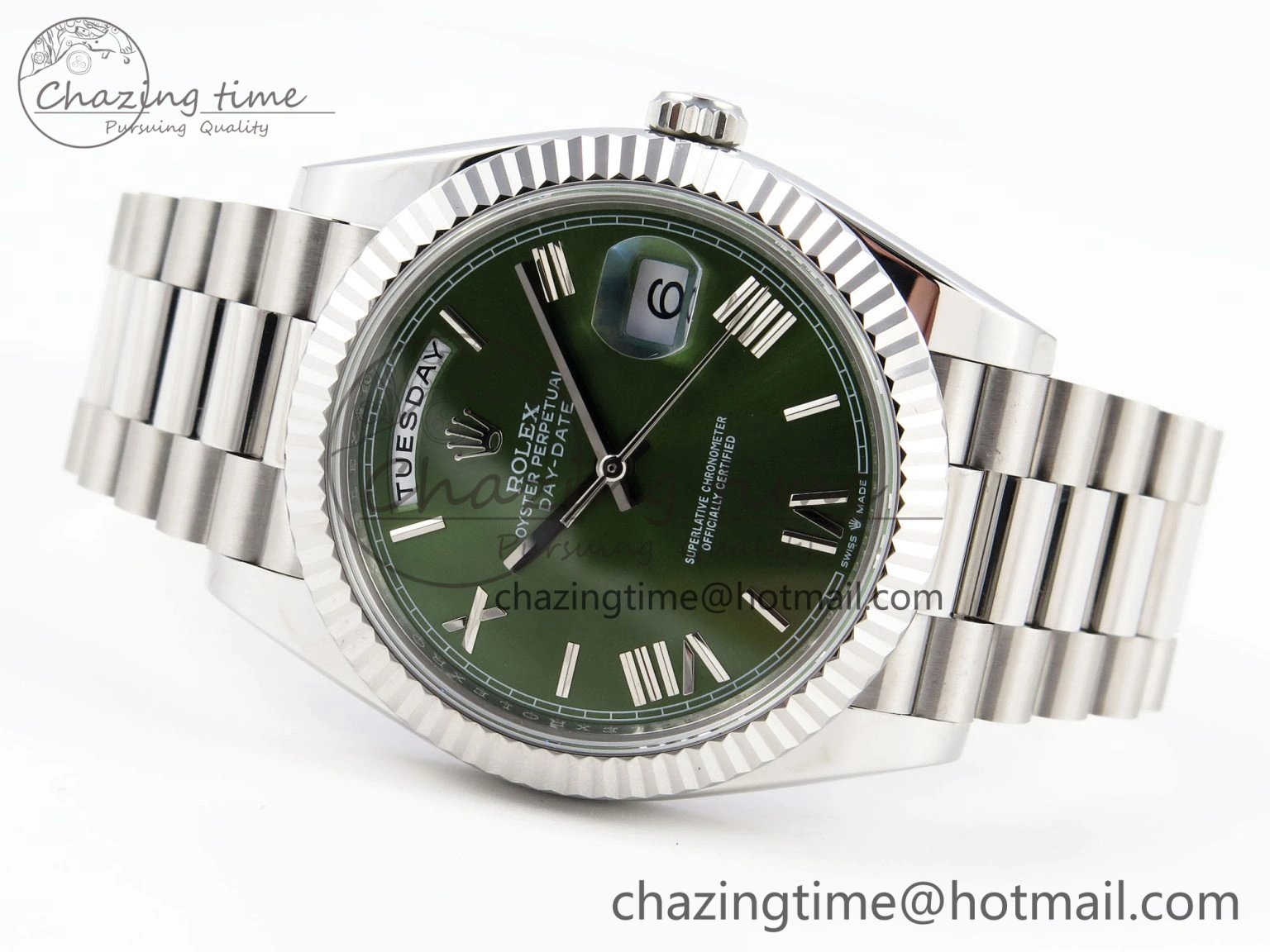 WellDesigned DayDate 40 SS GSF Gain Weight Green Roman Dial on President Bracelet A 1925