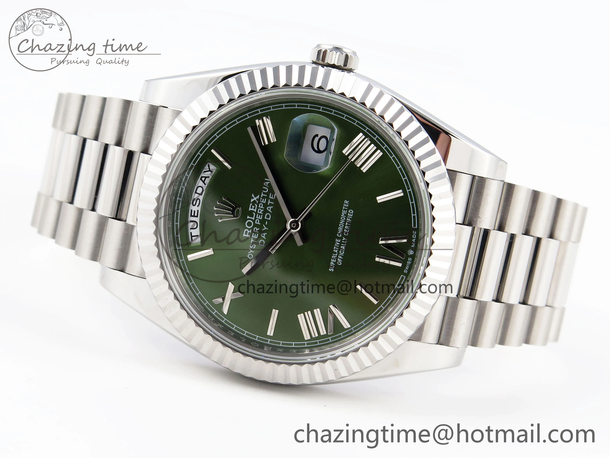 WellDesigned DayDate 40 SS GSF Gain Weight Green Roman Dial on President Bracelet A 1925