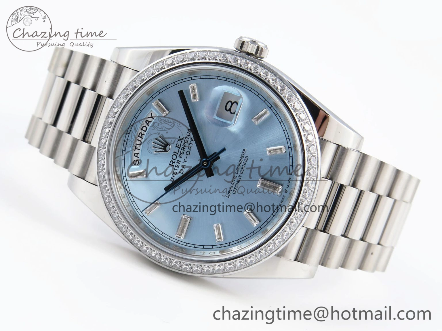 Elegant DayDate 40 SS GSF Gain Weight Ice Blue Crystal Dial Diamonds Bezel on President Bracelet A 1924