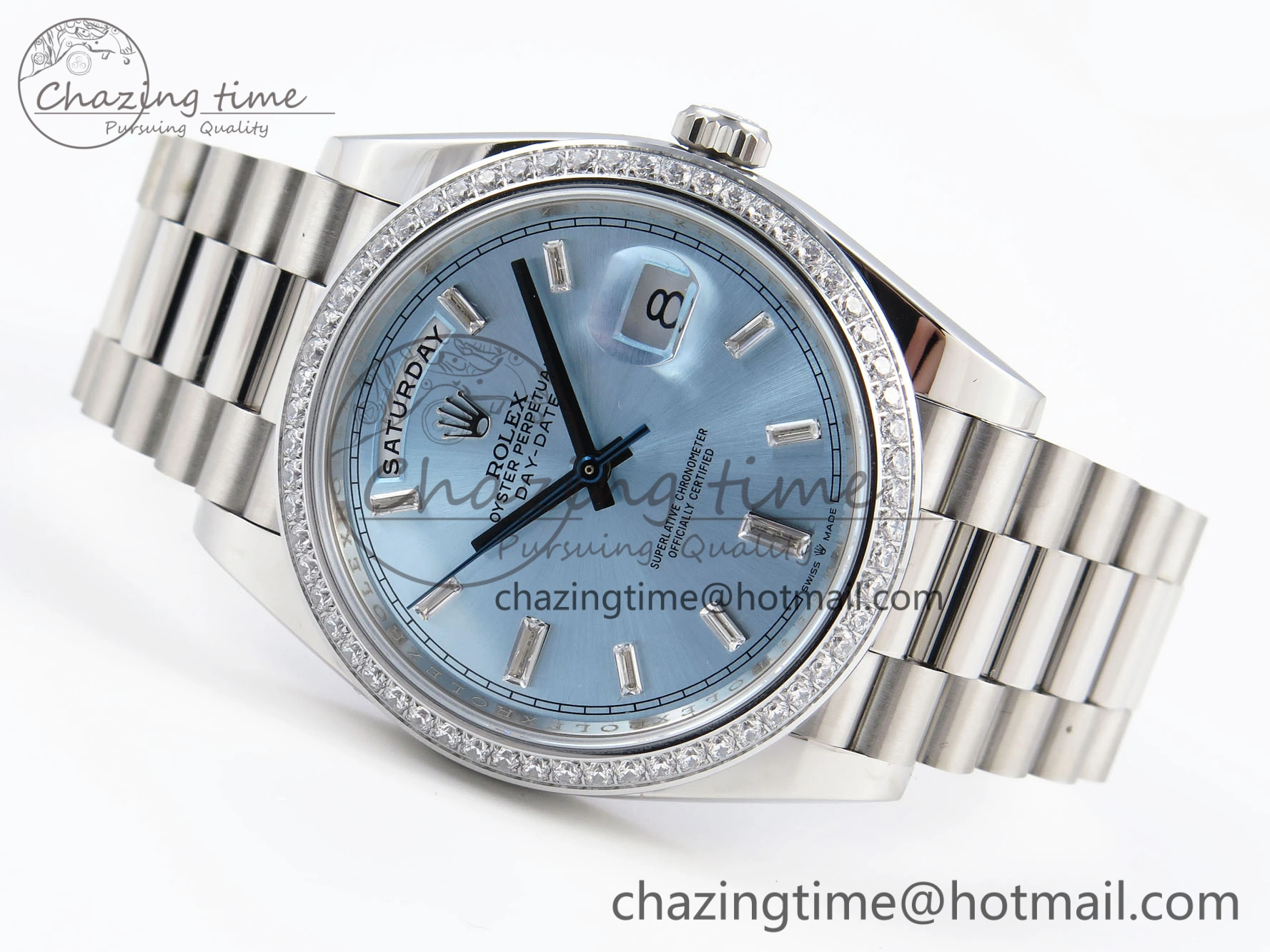 Elegant DayDate 40 SS GSF Gain Weight Ice Blue Crystal Dial Diamonds Bezel on President Bracelet A 1924