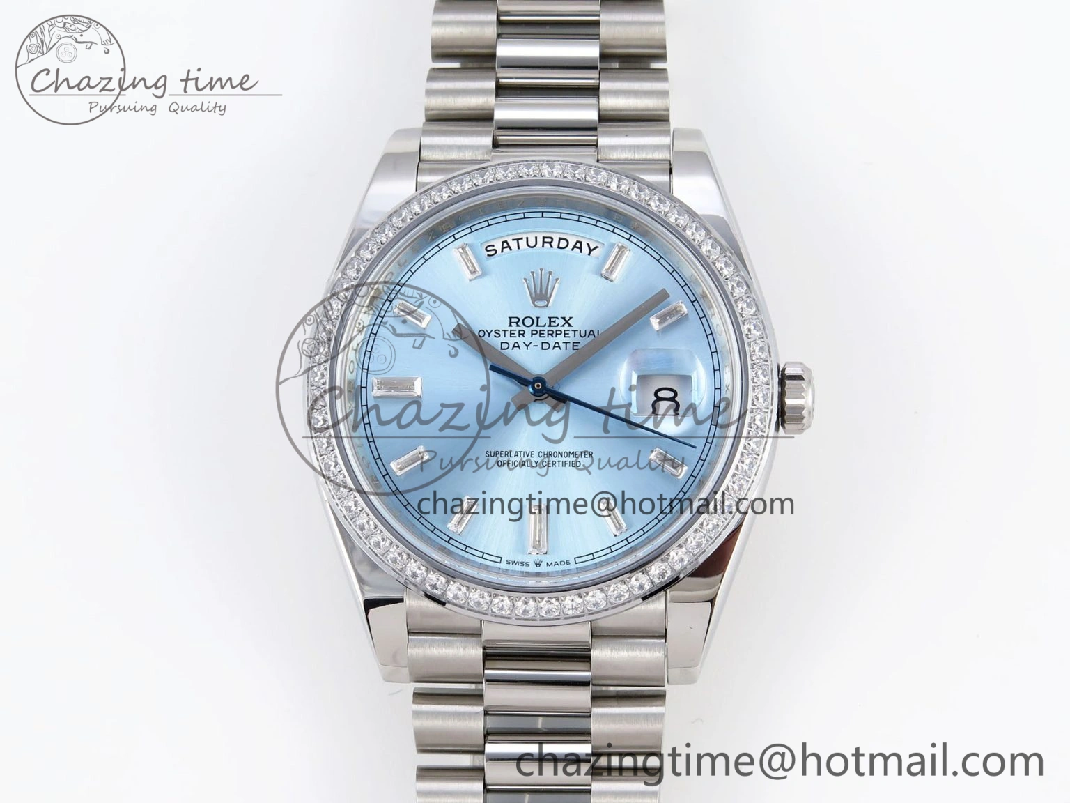 Elegant DayDate 40 SS GSF Gain Weight Ice Blue Crystal Dial Diamonds Bezel on President Bracelet A 1924
