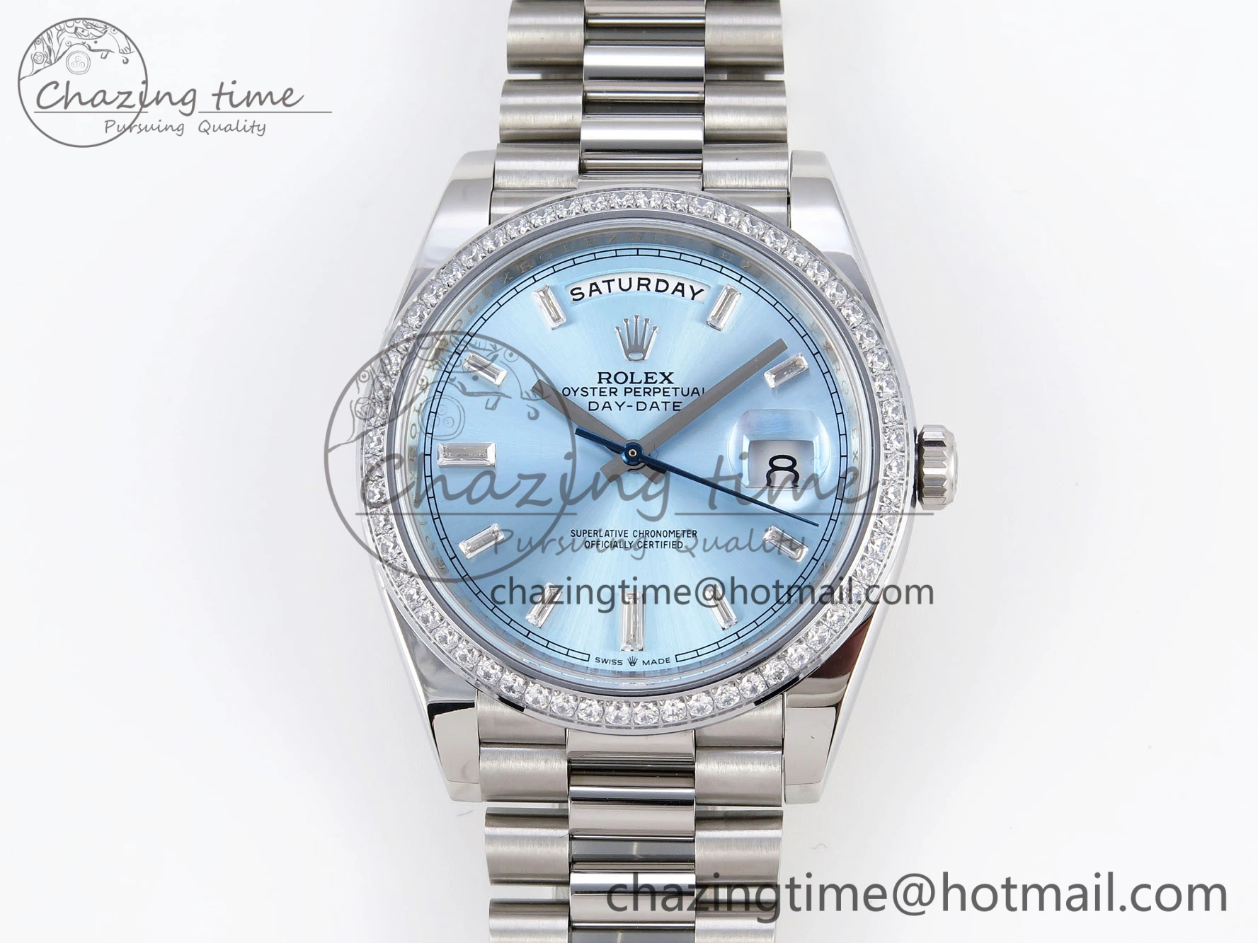 Elegant DayDate 40 SS GSF Gain Weight Ice Blue Crystal Dial Diamonds Bezel on President Bracelet A 1924