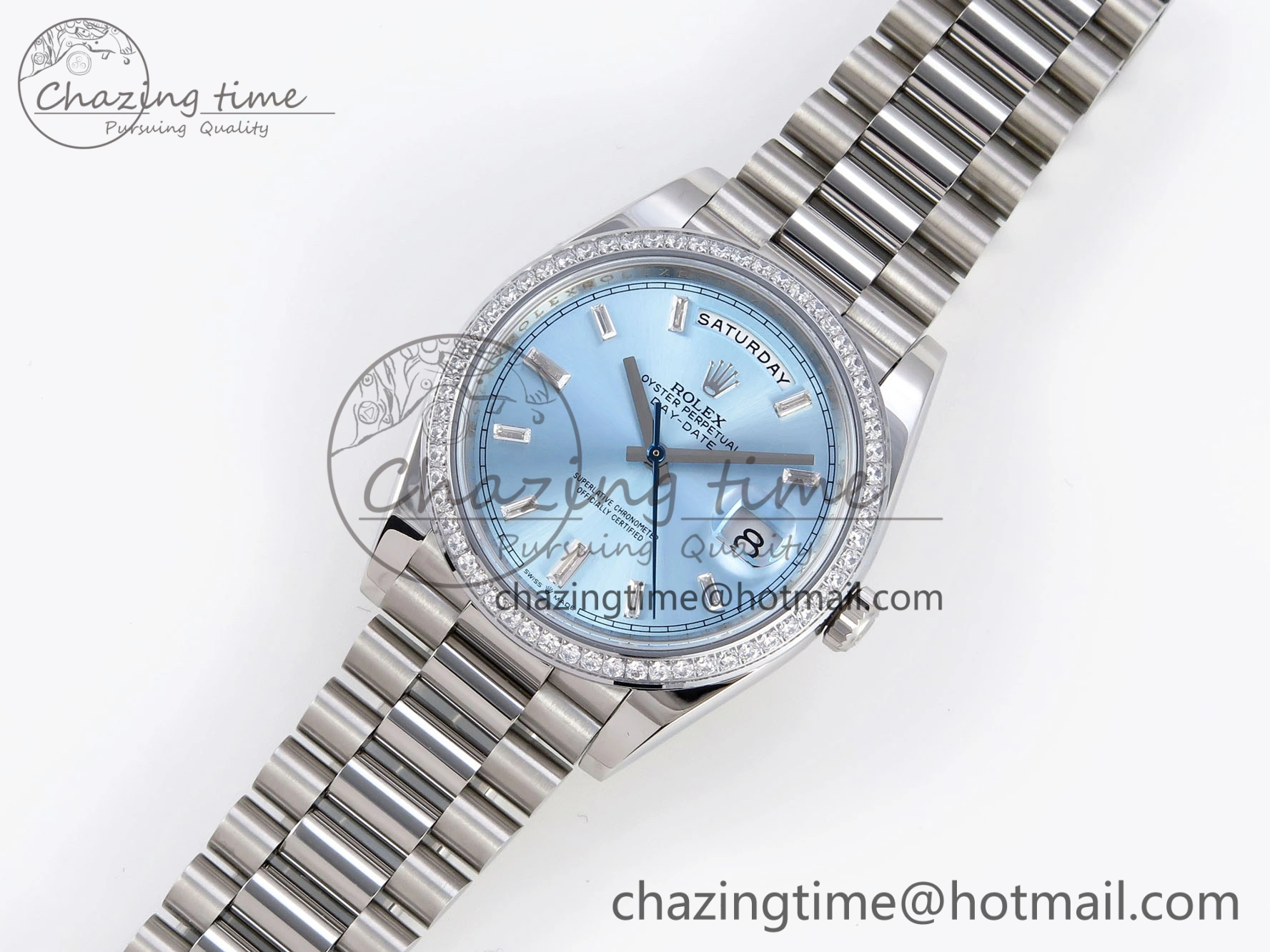 Elegant DayDate 40 SS GSF Gain Weight Ice Blue Crystal Dial Diamonds Bezel on President Bracelet A 1924