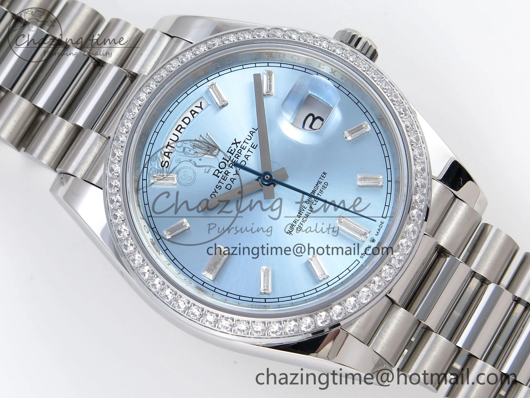 Elegant DayDate 40 SS GSF Gain Weight Ice Blue Crystal Dial Diamonds Bezel on President Bracelet A 1924