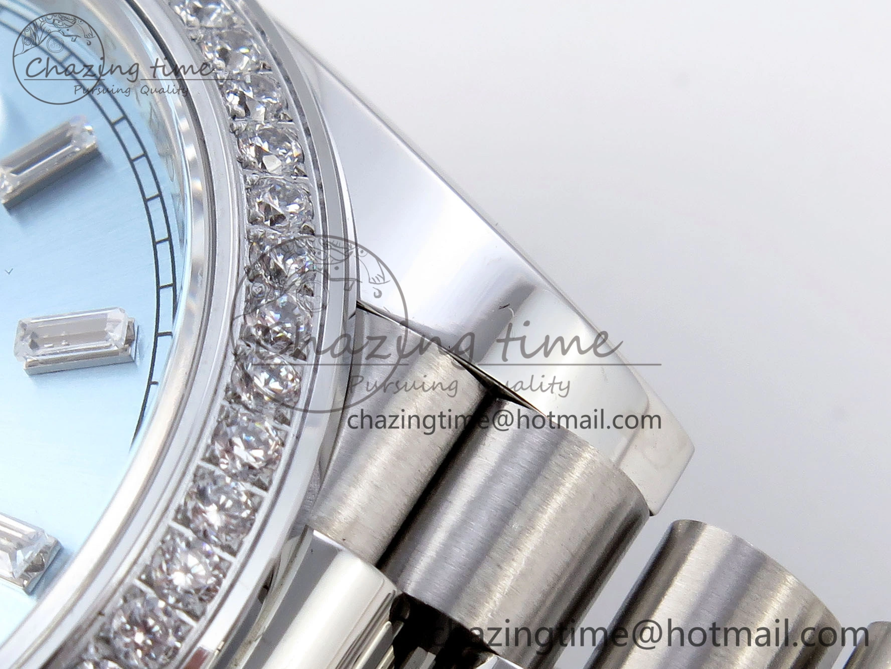Elegant DayDate 40 SS GSF Gain Weight Ice Blue Crystal Dial Diamonds Bezel on President Bracelet A 1924
