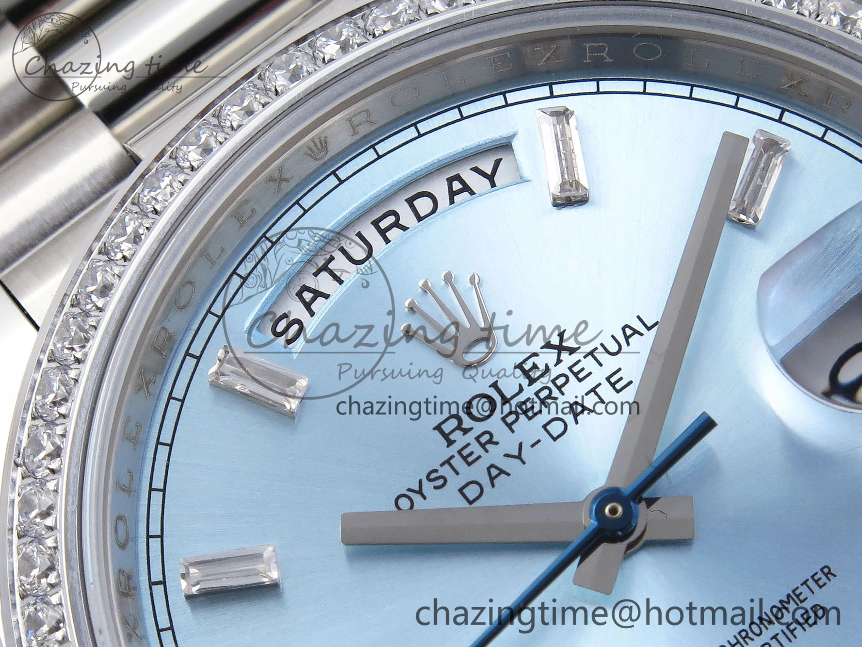 Elegant DayDate 40 SS GSF Gain Weight Ice Blue Crystal Dial Diamonds Bezel on President Bracelet A 1924