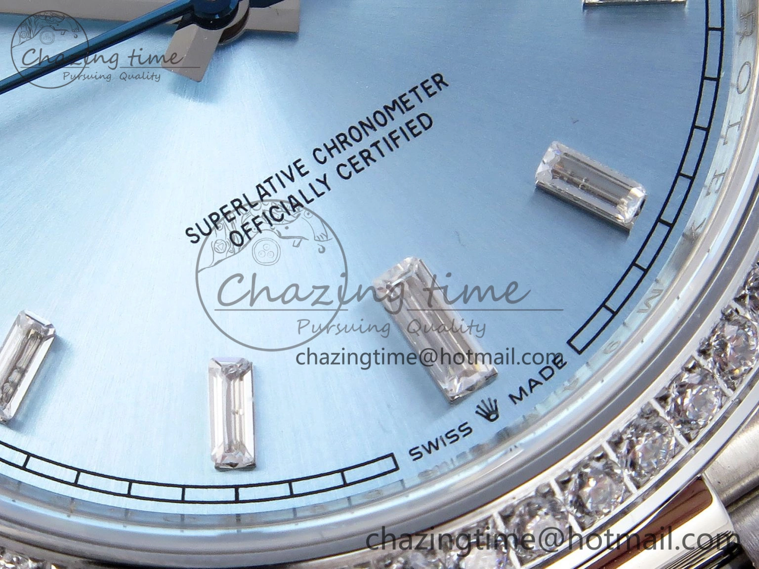 Elegant DayDate 40 SS GSF Gain Weight Ice Blue Crystal Dial Diamonds Bezel on President Bracelet A 1924