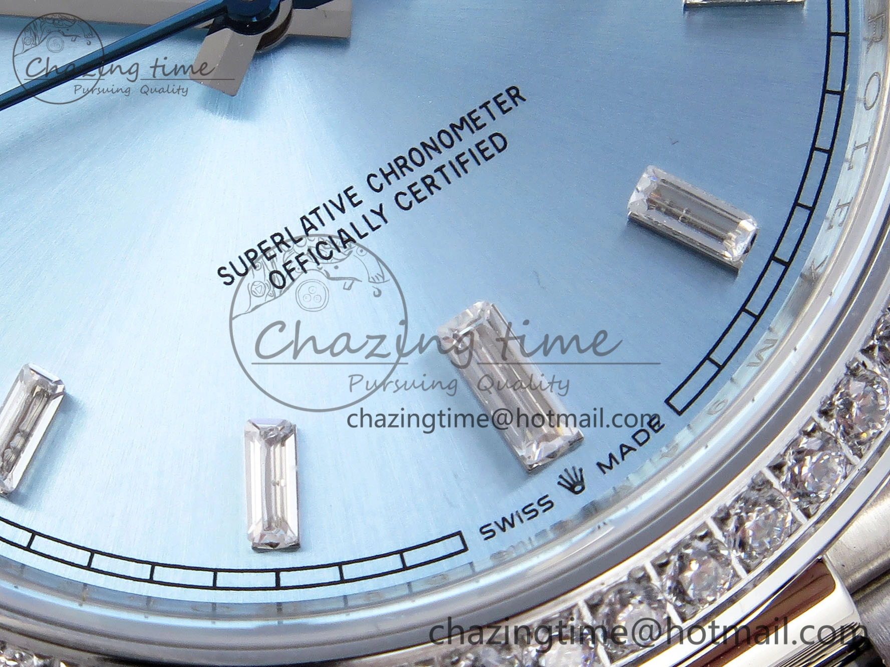 Elegant DayDate 40 SS GSF Gain Weight Ice Blue Crystal Dial Diamonds Bezel on President Bracelet A 1924