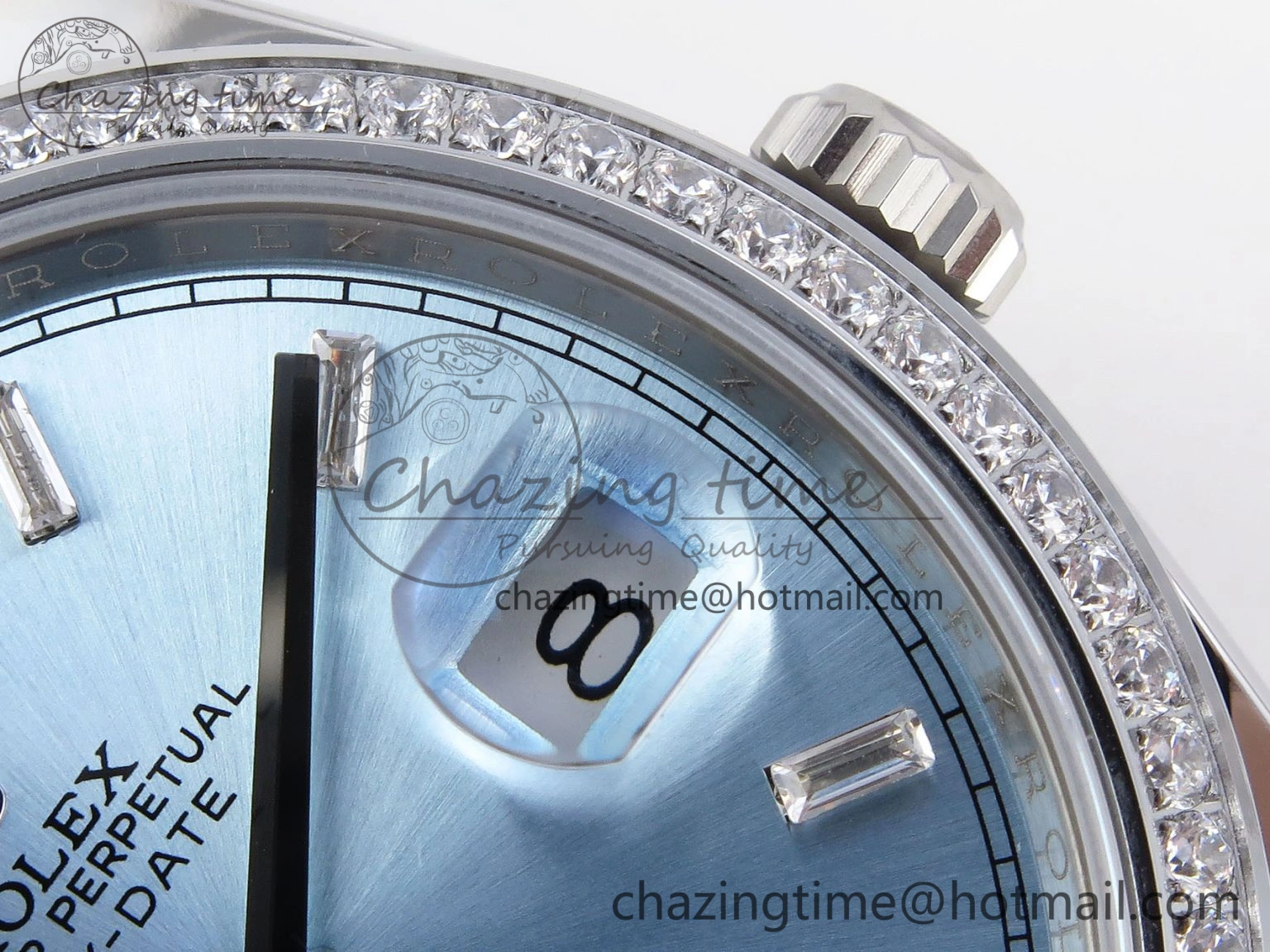 Elegant DayDate 40 SS GSF Gain Weight Ice Blue Crystal Dial Diamonds Bezel on President Bracelet A 1924