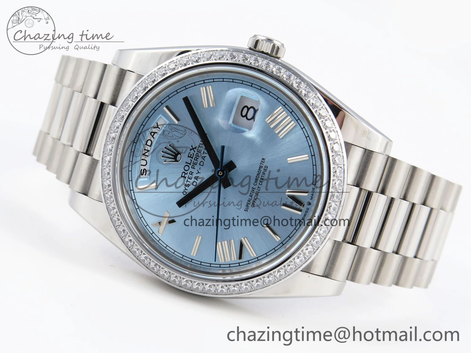 DayDate 40 SS GSF Gain Weight Ice Blue Roman Dial Diamonds Bezel on President Bracelet A EyeCatching 1923