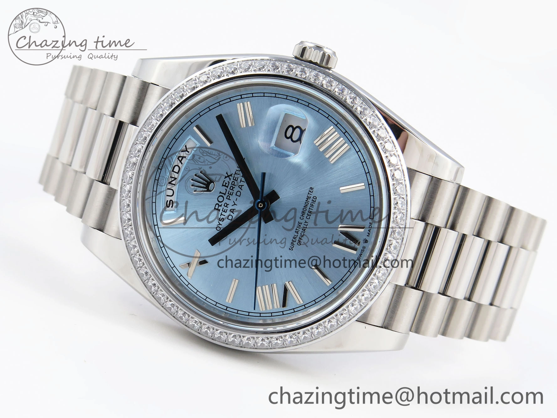 DayDate 40 SS GSF Gain Weight Ice Blue Roman Dial Diamonds Bezel on President Bracelet A EyeCatching 1923