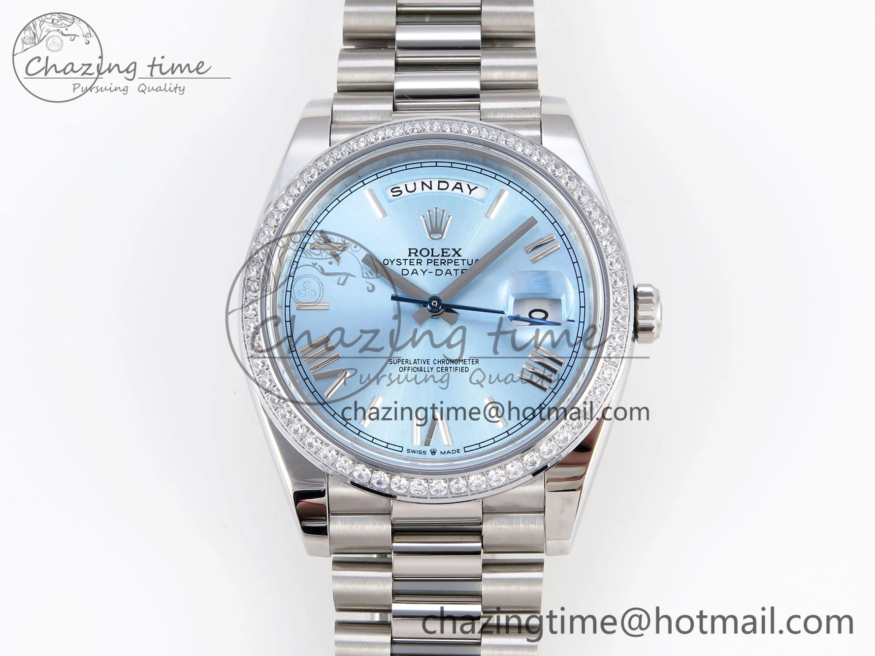 DayDate 40 SS GSF Gain Weight Ice Blue Roman Dial Diamonds Bezel on President Bracelet A EyeCatching 1923