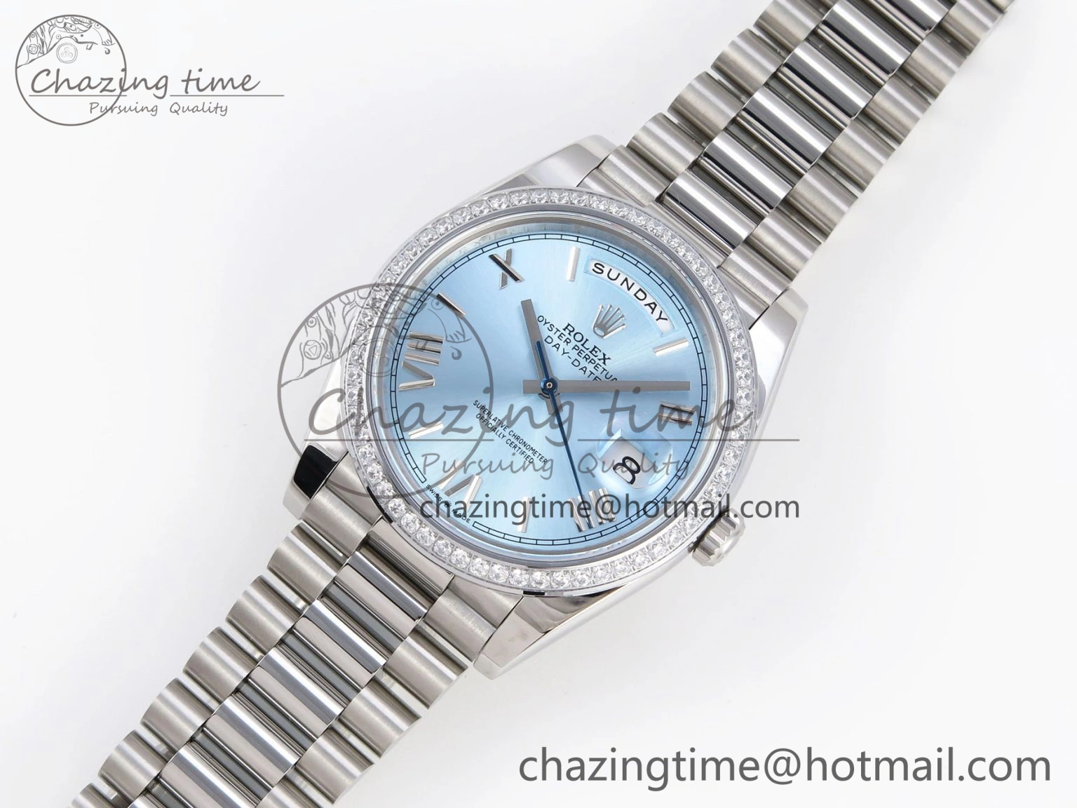 DayDate 40 SS GSF Gain Weight Ice Blue Roman Dial Diamonds Bezel on President Bracelet A EyeCatching 1923