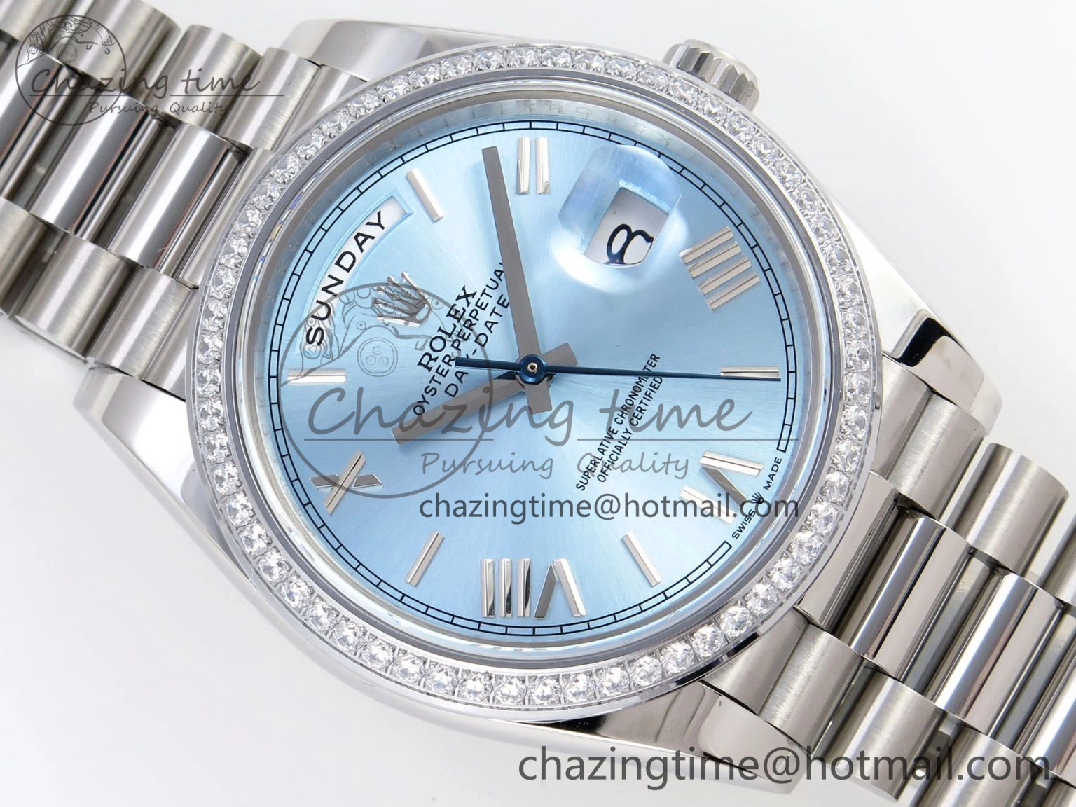 DayDate 40 SS GSF Gain Weight Ice Blue Roman Dial Diamonds Bezel on President Bracelet A EyeCatching 1923