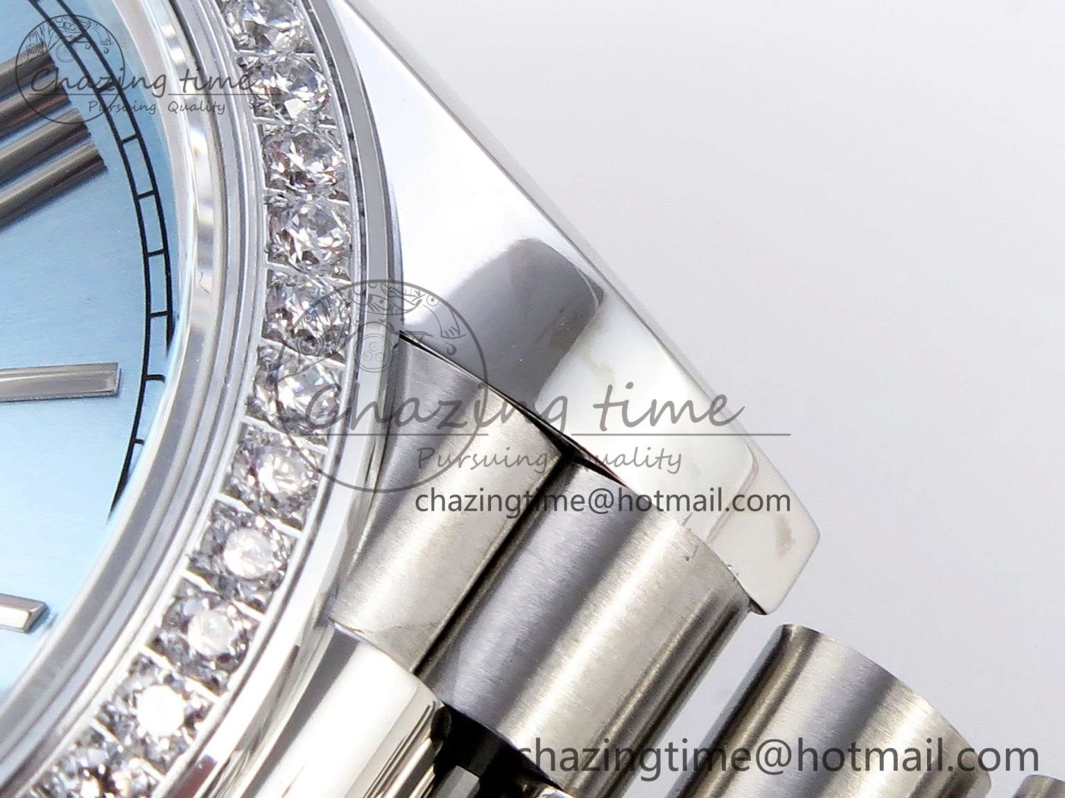 DayDate 40 SS GSF Gain Weight Ice Blue Roman Dial Diamonds Bezel on President Bracelet A EyeCatching 1923
