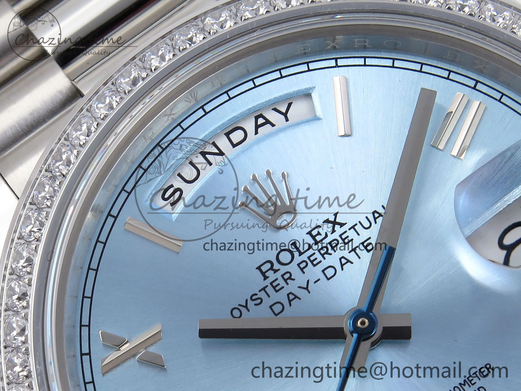 DayDate 40 SS GSF Gain Weight Ice Blue Roman Dial Diamonds Bezel on President Bracelet A EyeCatching 1923