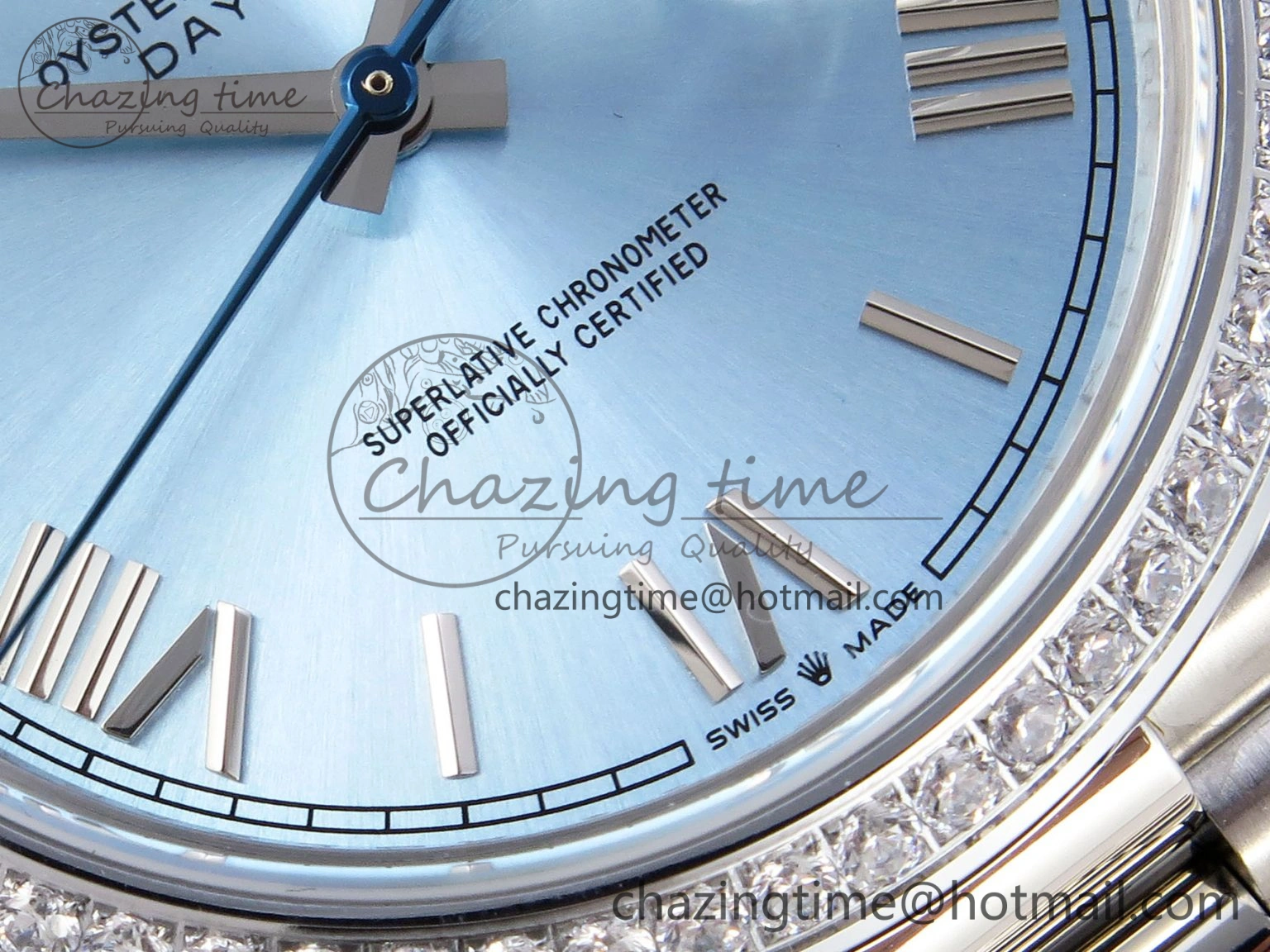 DayDate 40 SS GSF Gain Weight Ice Blue Roman Dial Diamonds Bezel on President Bracelet A EyeCatching 1923