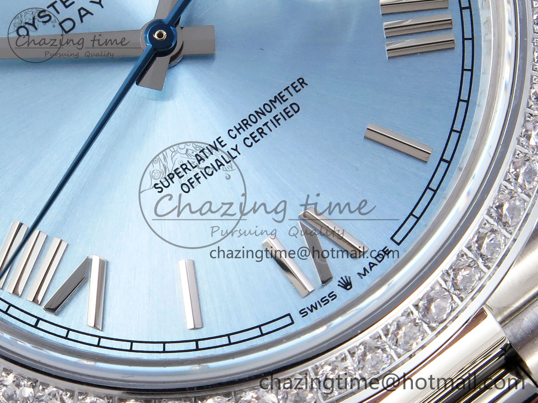 DayDate 40 SS GSF Gain Weight Ice Blue Roman Dial Diamonds Bezel on President Bracelet A EyeCatching 1923