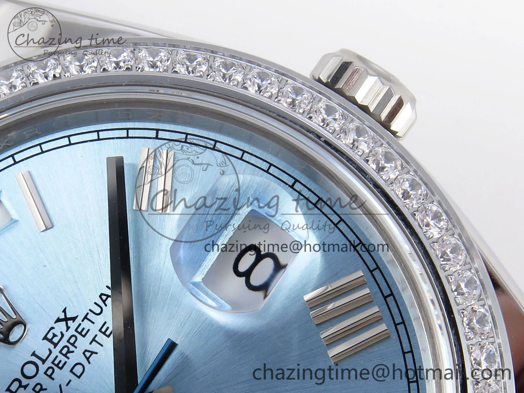 DayDate 40 SS GSF Gain Weight Ice Blue Roman Dial Diamonds Bezel on President Bracelet A EyeCatching 1923