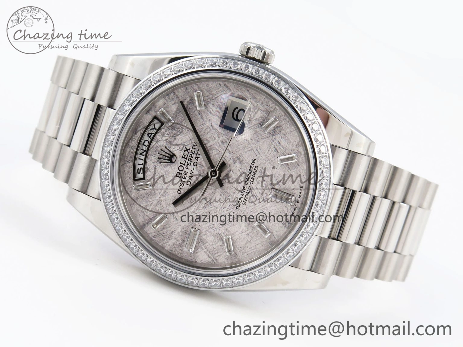 WrinkleFree DayDate 40 SS GSF Gain Weight Meteorite Crystal Dial Diamonds Bezel on President Bracelet A 1921