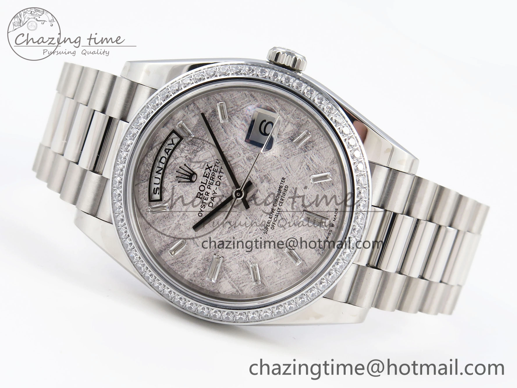 WrinkleFree DayDate 40 SS GSF Gain Weight Meteorite Crystal Dial Diamonds Bezel on President Bracelet A 1921