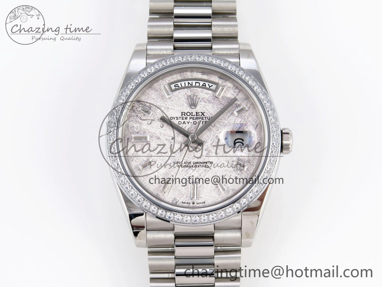 WrinkleFree DayDate 40 SS GSF Gain Weight Meteorite Crystal Dial Diamonds Bezel on President Bracelet A 1921
