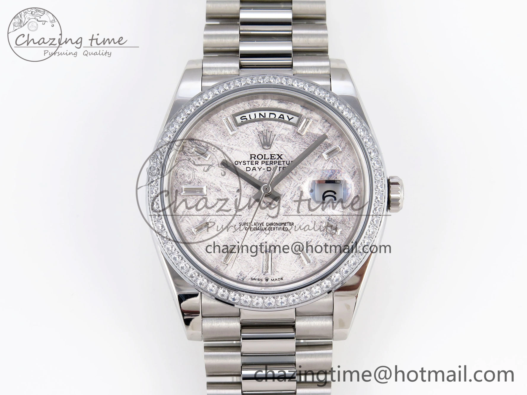 WrinkleFree DayDate 40 SS GSF Gain Weight Meteorite Crystal Dial Diamonds Bezel on President Bracelet A 1921