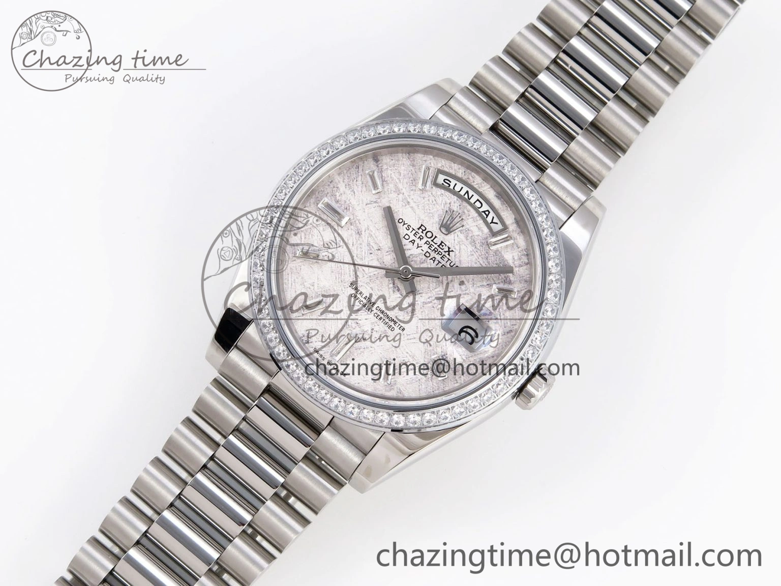 WrinkleFree DayDate 40 SS GSF Gain Weight Meteorite Crystal Dial Diamonds Bezel on President Bracelet A 1921