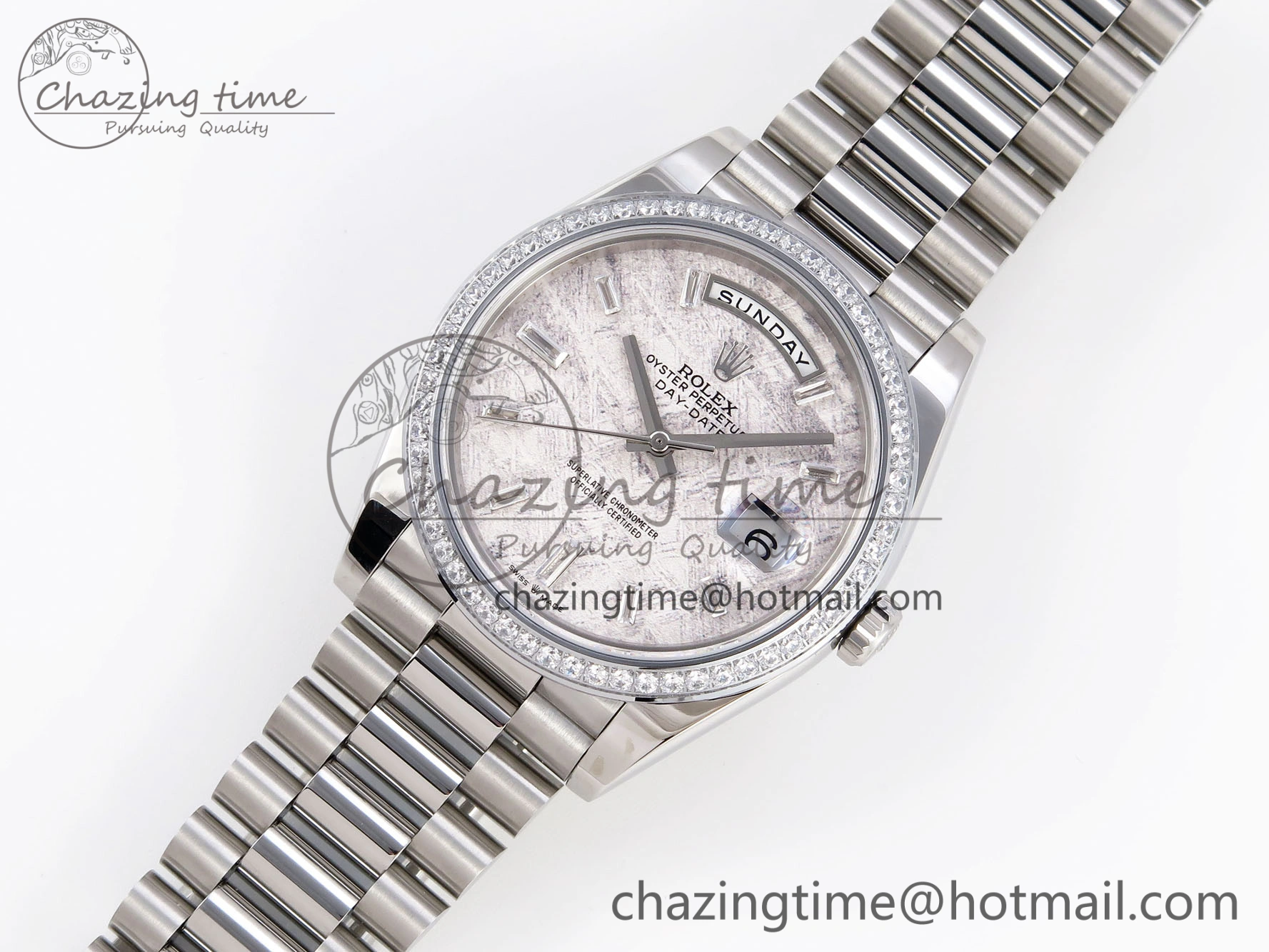 WrinkleFree DayDate 40 SS GSF Gain Weight Meteorite Crystal Dial Diamonds Bezel on President Bracelet A 1921
