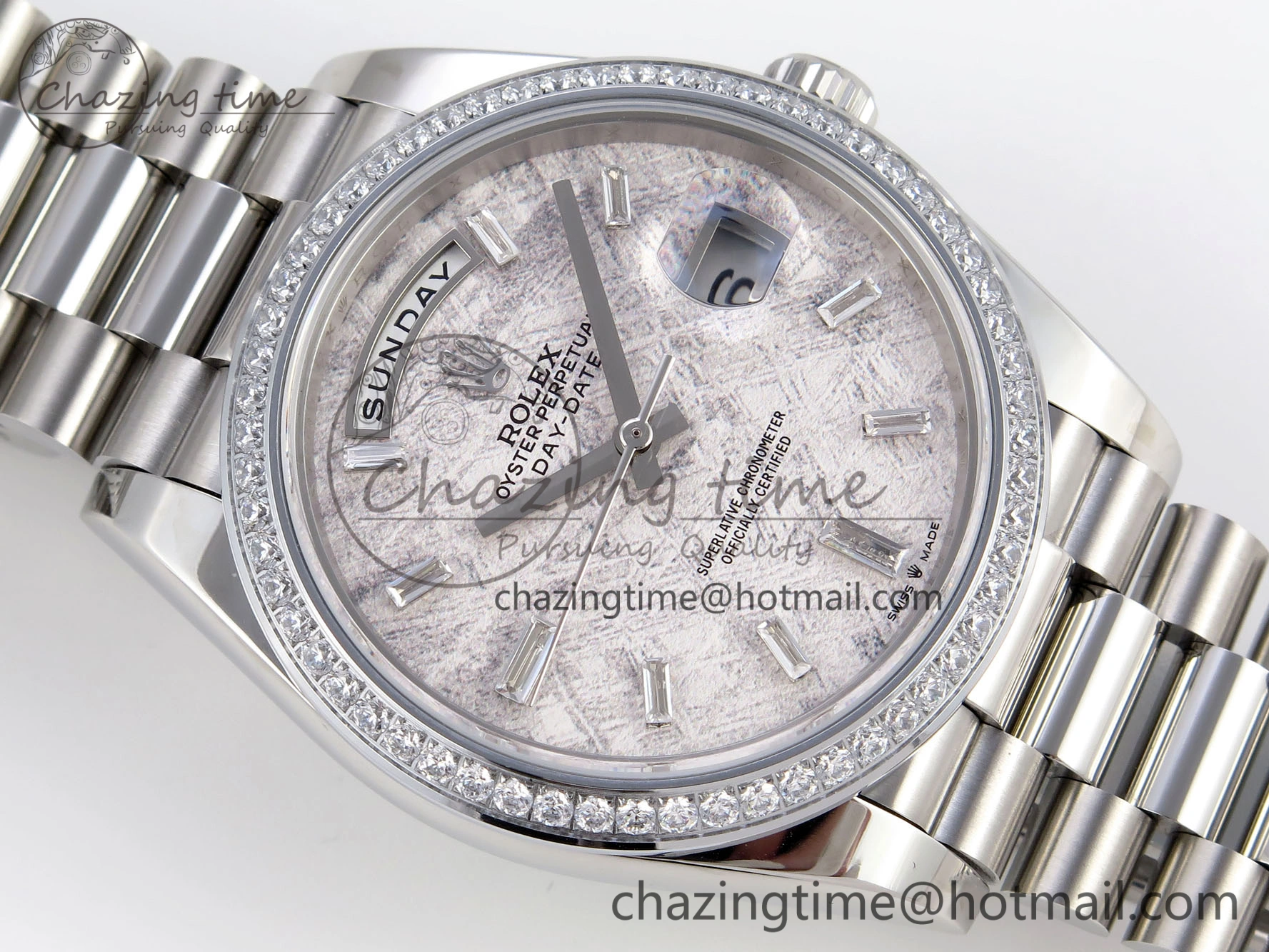 WrinkleFree DayDate 40 SS GSF Gain Weight Meteorite Crystal Dial Diamonds Bezel on President Bracelet A 1921