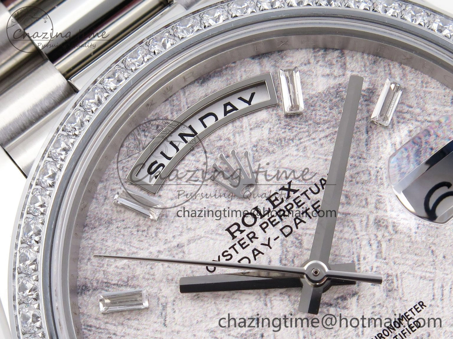 WrinkleFree DayDate 40 SS GSF Gain Weight Meteorite Crystal Dial Diamonds Bezel on President Bracelet A 1921