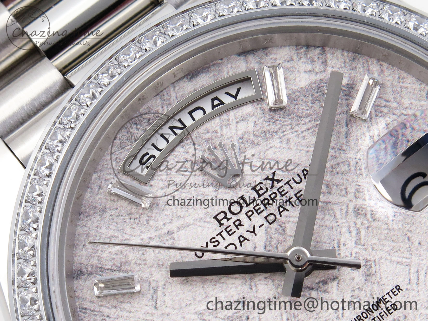 WrinkleFree DayDate 40 SS GSF Gain Weight Meteorite Crystal Dial Diamonds Bezel on President Bracelet A 1921